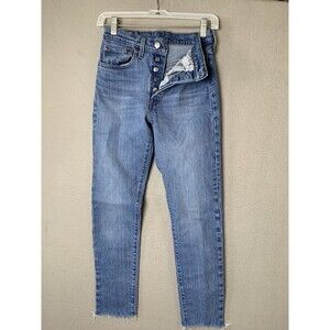 Levis 501s Premium Jeans Womens 26x30 Blue Skinny Button Fly Big E Raw Hem Denim